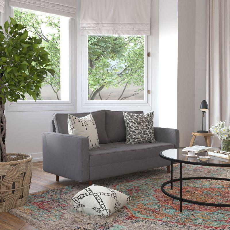 Flash Furniture Hudson Mid-Century Modern Loveseat Sofa with Tufted Faux Linen Upholstery & Solid Wood Legs in Dark Gray