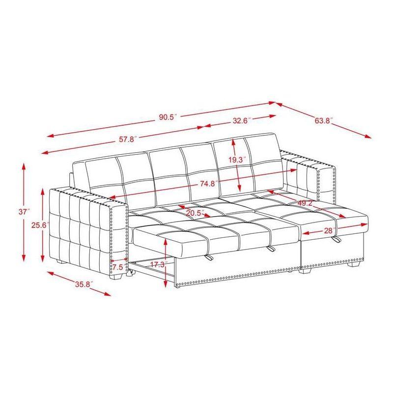 Velvet Sleeper Sofa Sectional Couch with Put Out Bed and Reversible Storage Chaise Beige - Morden Fort