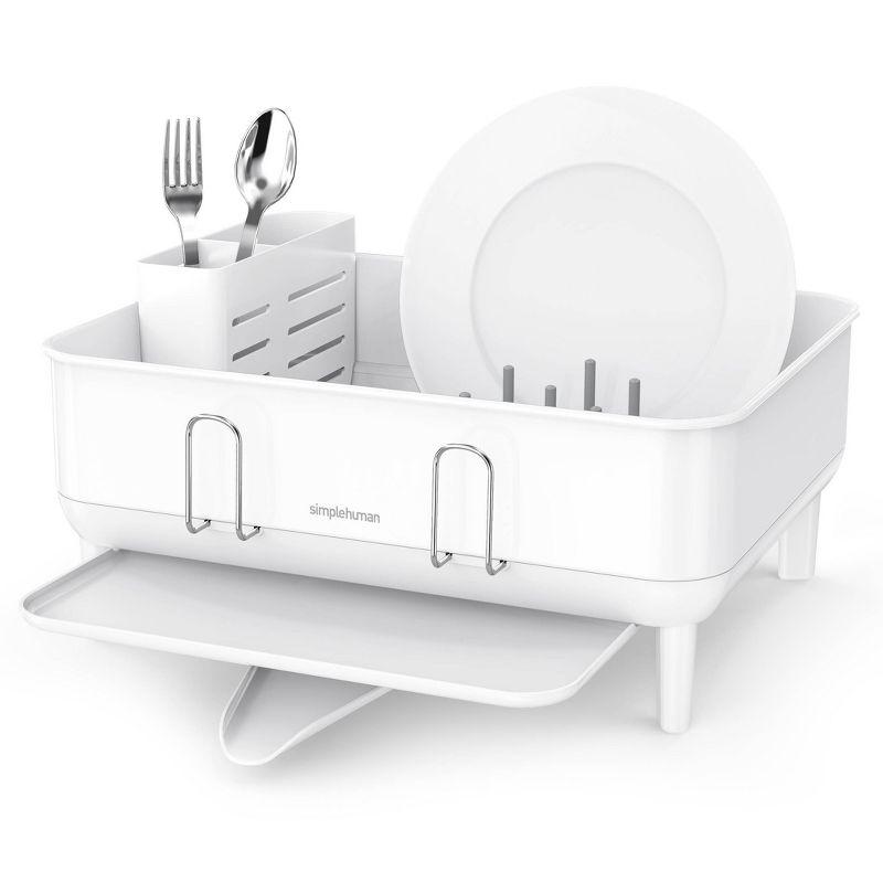 simplehuman Compact Kitchen Dish Drying Rack with Swivel Spout, Fingerprint-Proof Stainless Steel Frame