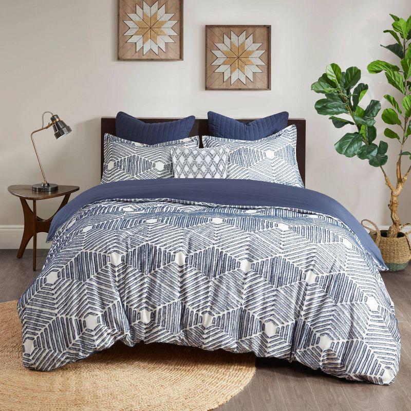 California King Navy Cotton Geometric Jacquard Duvet Cover Set