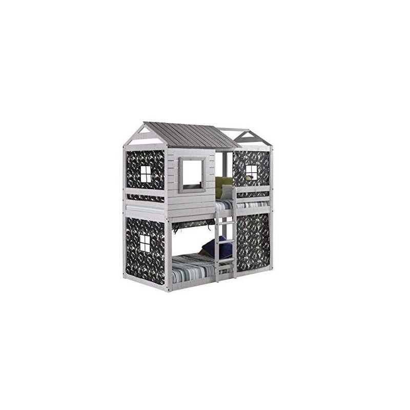 Donco Kids Deer Blind Cabin Twin Over Twin Rustic Grey Bunkbed with Green Camo Tent
