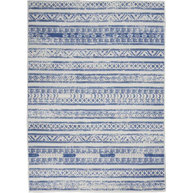 Ivory Blue Geometric Synthetic 6' x 9' Easy-Care Area Rug