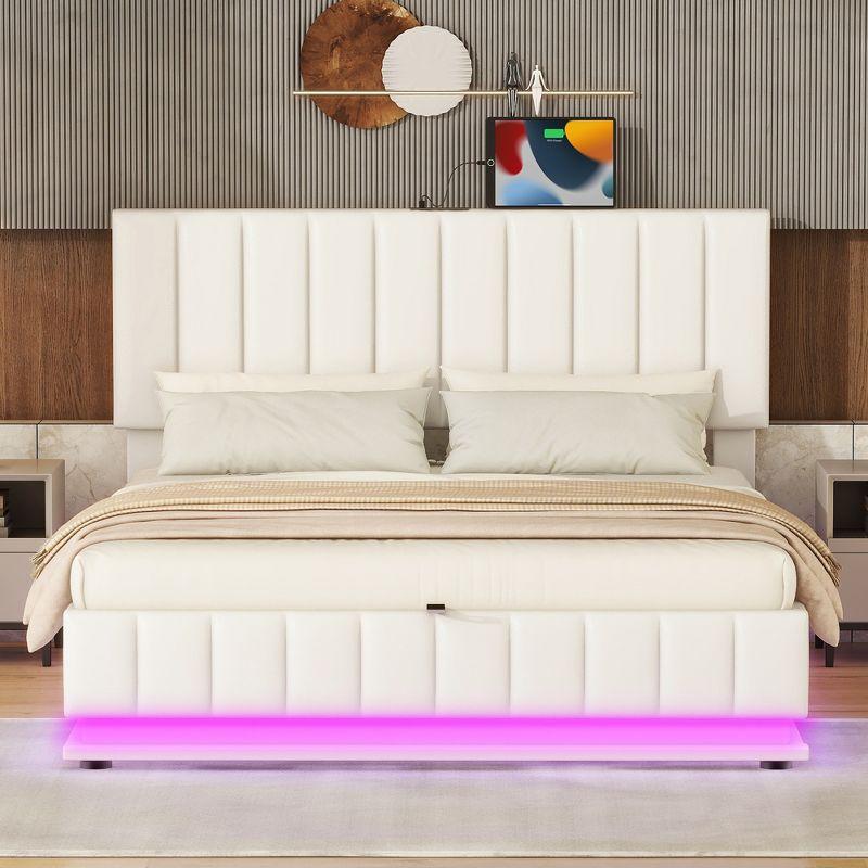 Queen Size White Velvet Upholstered Storage Bed with LED Lights