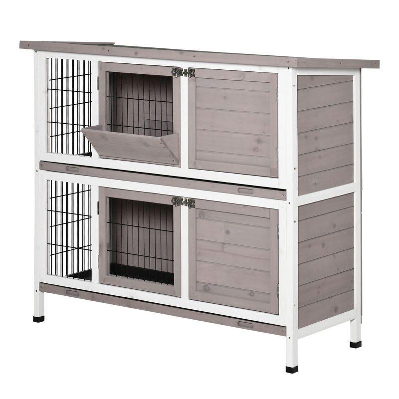 PawHut Indoor or Outdoor Rabbit Hutch with Quick on-the-Go Feeding, Wood Rabbit Cage, Medium Rabbit Hutch, 4 Door, No Leak Tray, Gray Brown