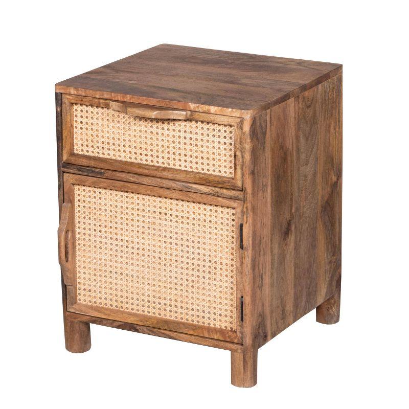 Natural Brown Mango Wood Nightstand with Woven Rattan Drawer