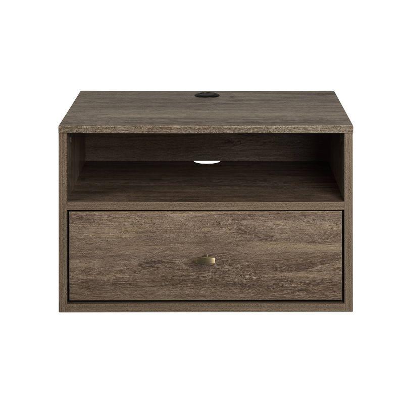Drifted Gray Floating Nightstand with Brass Knobs and Open Shelf