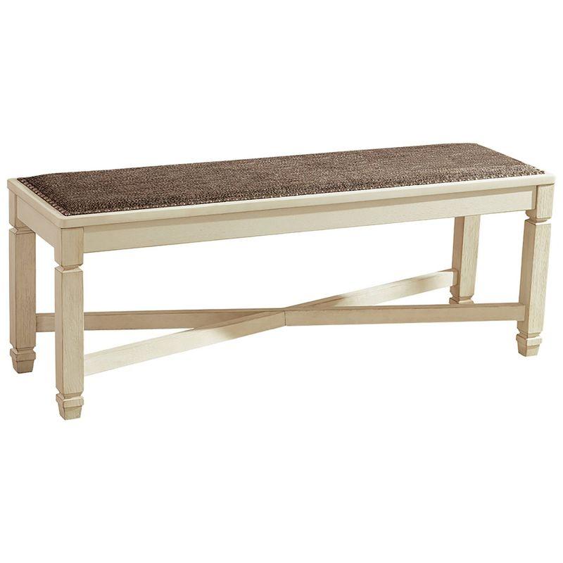 Antique White and Brown Upholstered Dining Bench