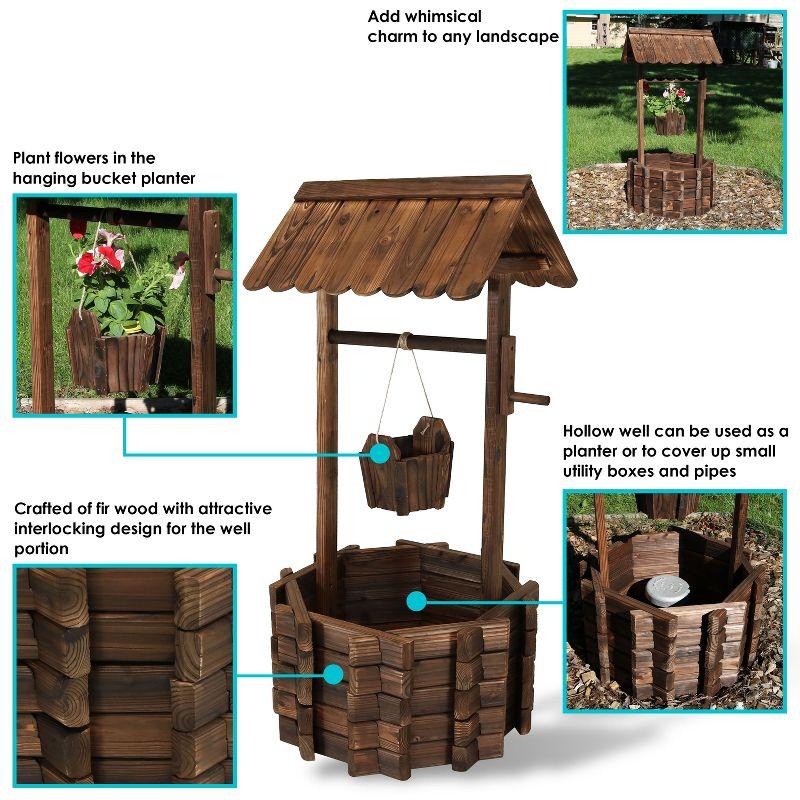 Sunnydaze Outdoor Fir Wood Wishing Well Garden Planter with Hanging Flower Bucket for Garden or Yard - 45" H - Brown