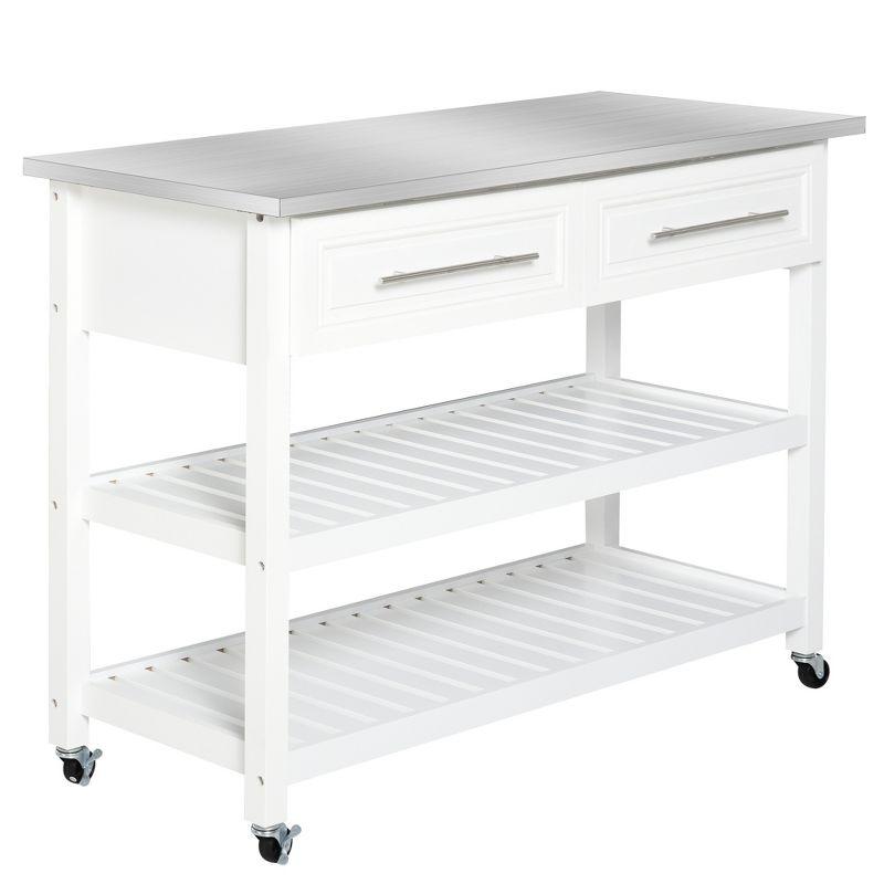 White Stainless Steel Top Kitchen Cart with Storage and Shelves