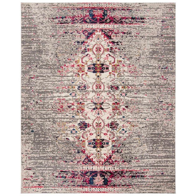 Grey and Ivory Floral Motif Synthetic Area Rug