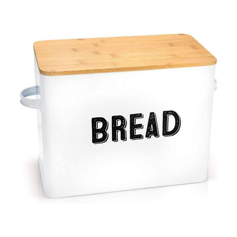 White Metal Bread Box with Bamboo Lid and Handles