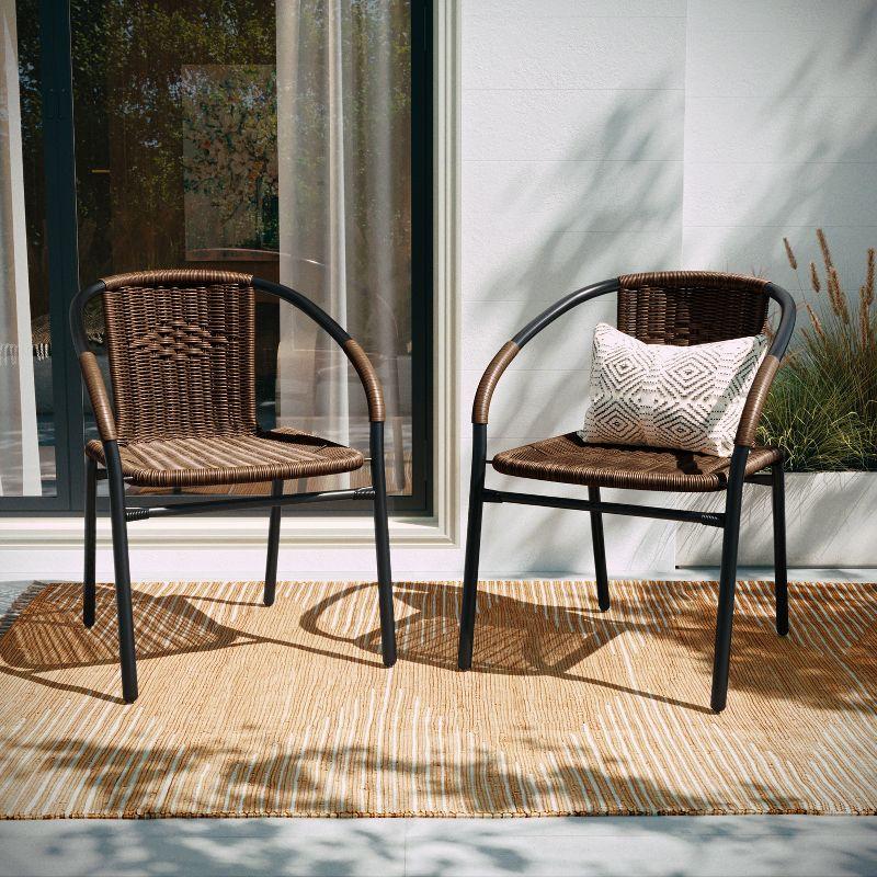 Flash Furniture Lila 2 Pack Medium Brown Rattan Indoor-Outdoor Restaurant Stack Chair