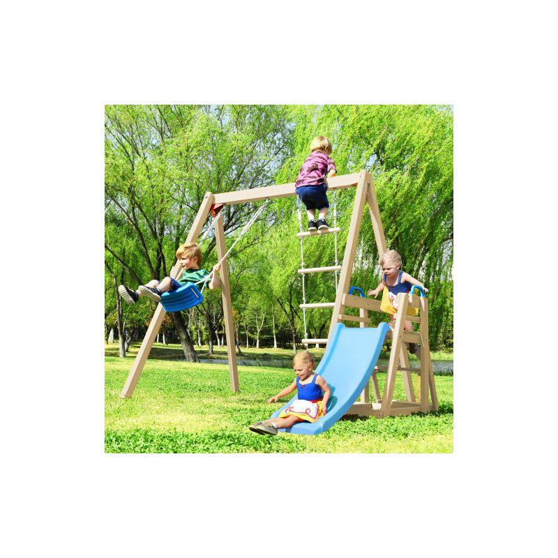 Natural Wood Swing Set with Blue Slide and Climbing Rope