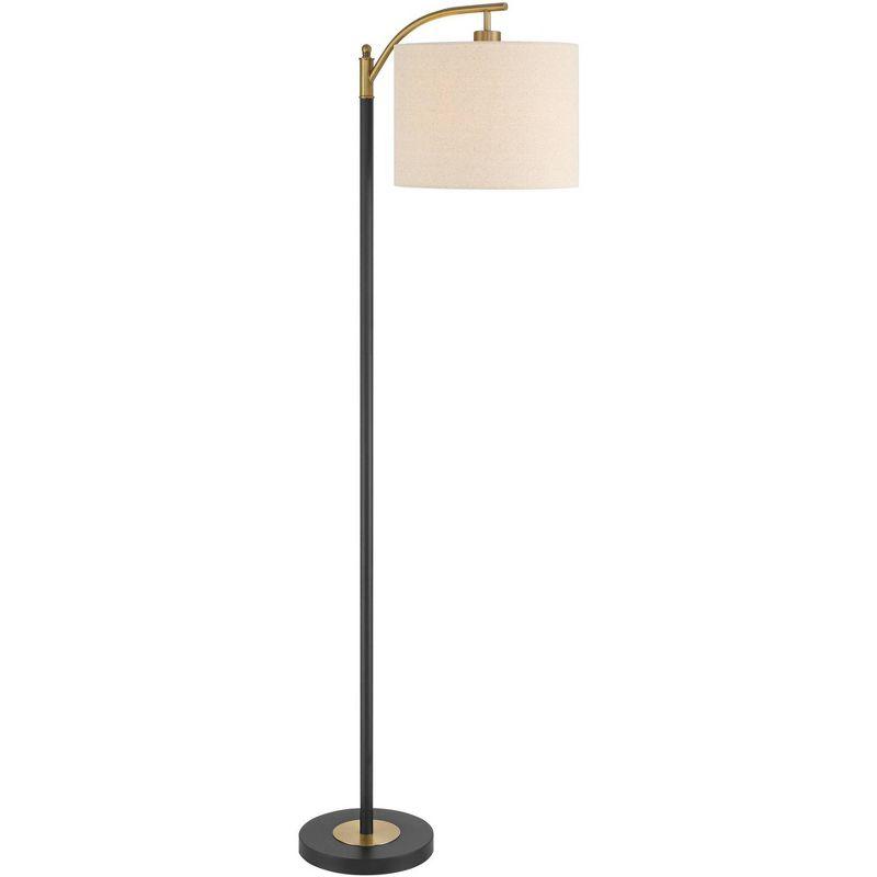 360 Lighting Rayna Mid Century Modern Downbridge Floor Lamp 61 1/2" Tall Black Gold Metal Off White Linen Drum Shade for Living Room Reading Bedroom