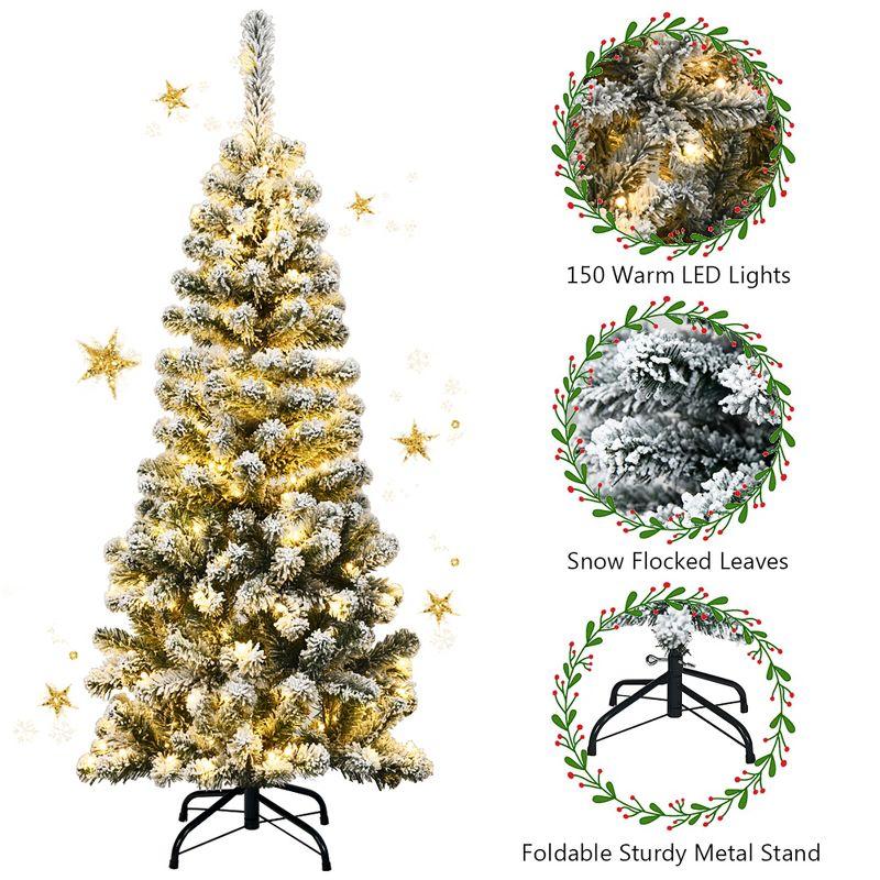 4.5Ft Pre-lit Snow Flocked Artificial Pencil Christmas Pine Tree w/150 LED Light