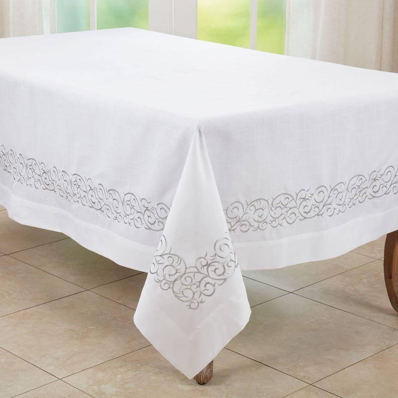 White Embroidered Scroll Tablecloth with Silver Border