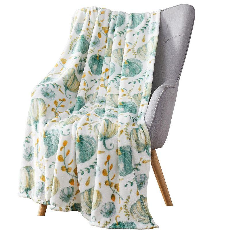 Teal and White Halloween Harvest Pumpkins Oversized Blanket Throw