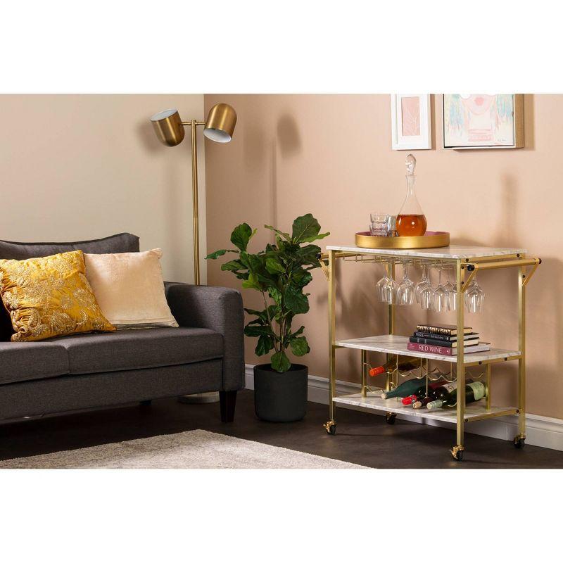 Glam Marble-Top Gold Metal Bar Cart with Wine Glass Storage