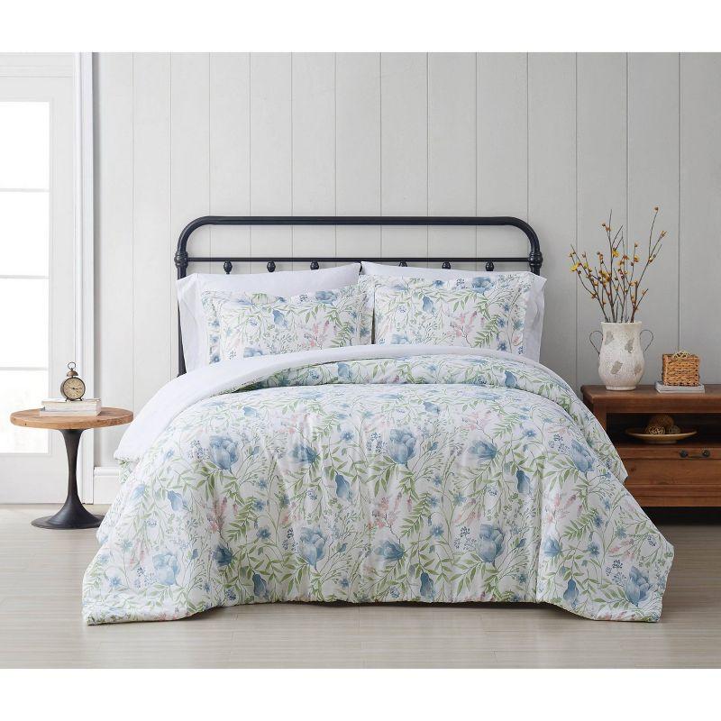 King Blue Cotton Floral Comforter Set with Shams