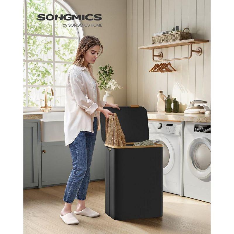 SONGMICS Laundry Hamper with Lid 3-Section Large Laundry Basket Removable Mesh Liner Bamboo Handles Collapsible