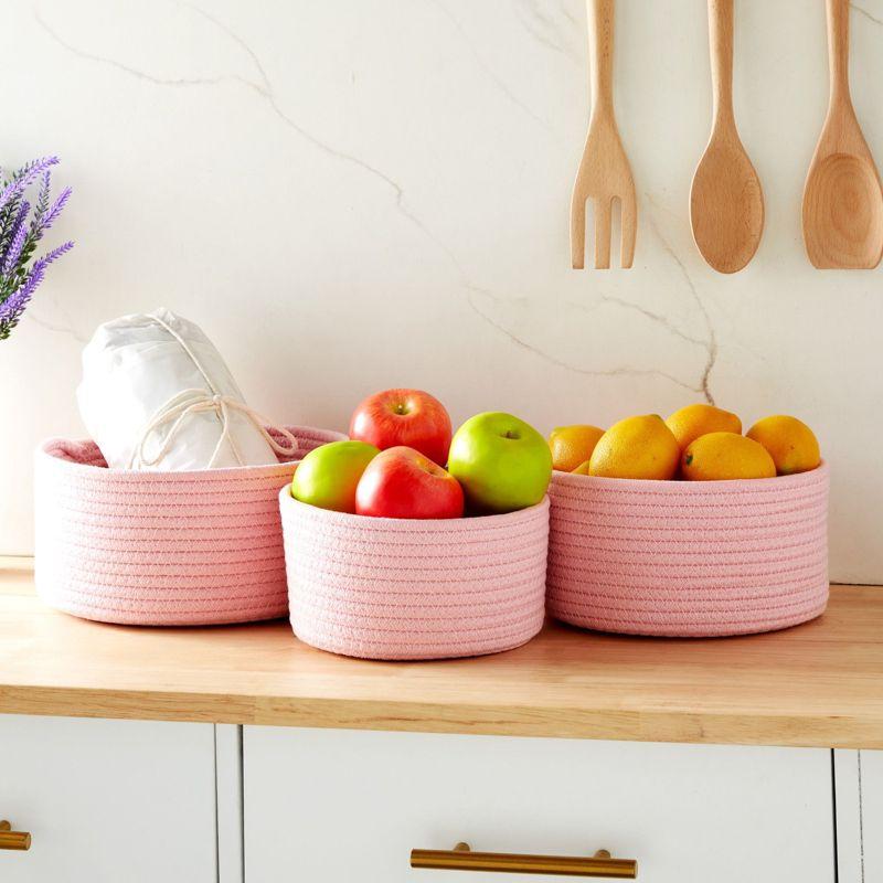 Farmlyn Creek 3-Pack Cotton Woven Baskets for Storage, Pink Rope Montessori Organizer Set for Storing Supplies ( 3 Sizes in Small, Medium and Large)