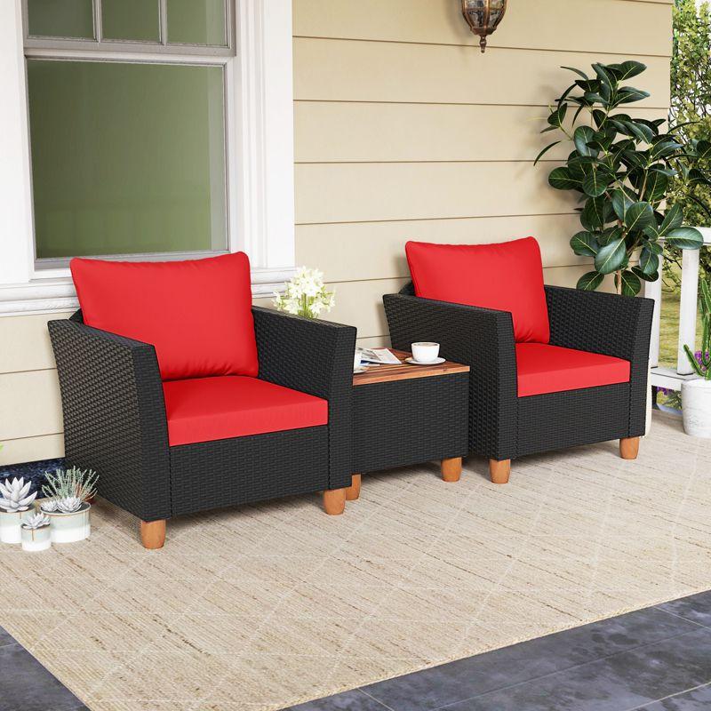 Tangkula 3PCS Patio Rattan Conversation Set Outdoor Furniture Set w/ Red Cushions