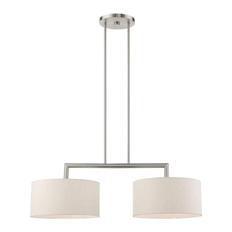 Meridian Brushed Nickel Linear Drum Chandelier with Oatmeal Shades