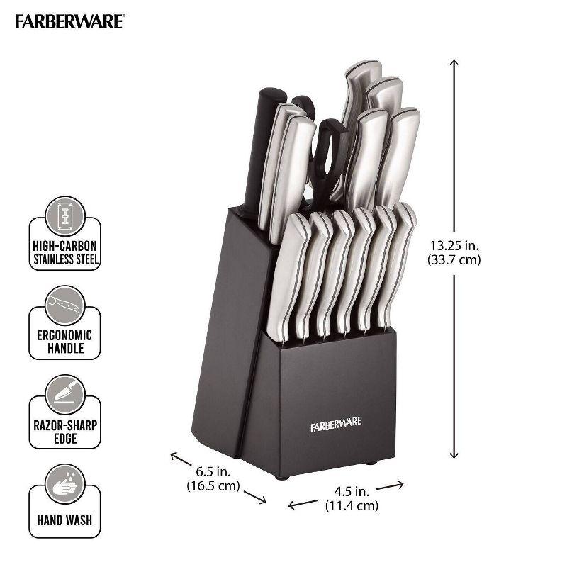 Farberware 15pc Stainless Steel Knife Block Set: Kitchen Knife Set with Block, Serrated Blades, Hand Wash, Silver