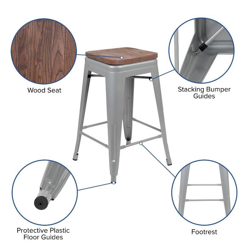Flash Furniture 24" High Metal Counter-Height, Indoor Bar Stool with Wood Seat in Silver - Stackable Set of 4