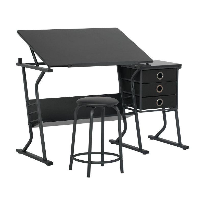 Studio Designs Home 2pc Eclipse Ultra Center/Drawing Table with Angle Adjustable Top, Storage Shelf, and Drawers with Padded Stool Set Black
