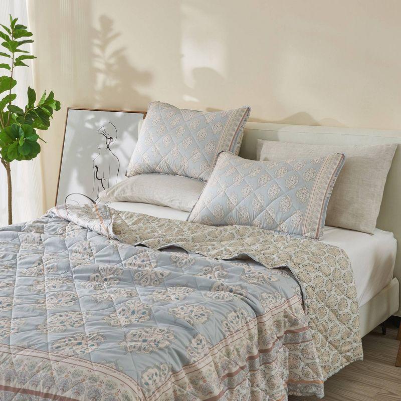 2pc Twin Printed Vintage Quilt Bedding Set Beige/Blue - Patina Vie: Reversible Damask Pattern, OEKO-TEX Certified