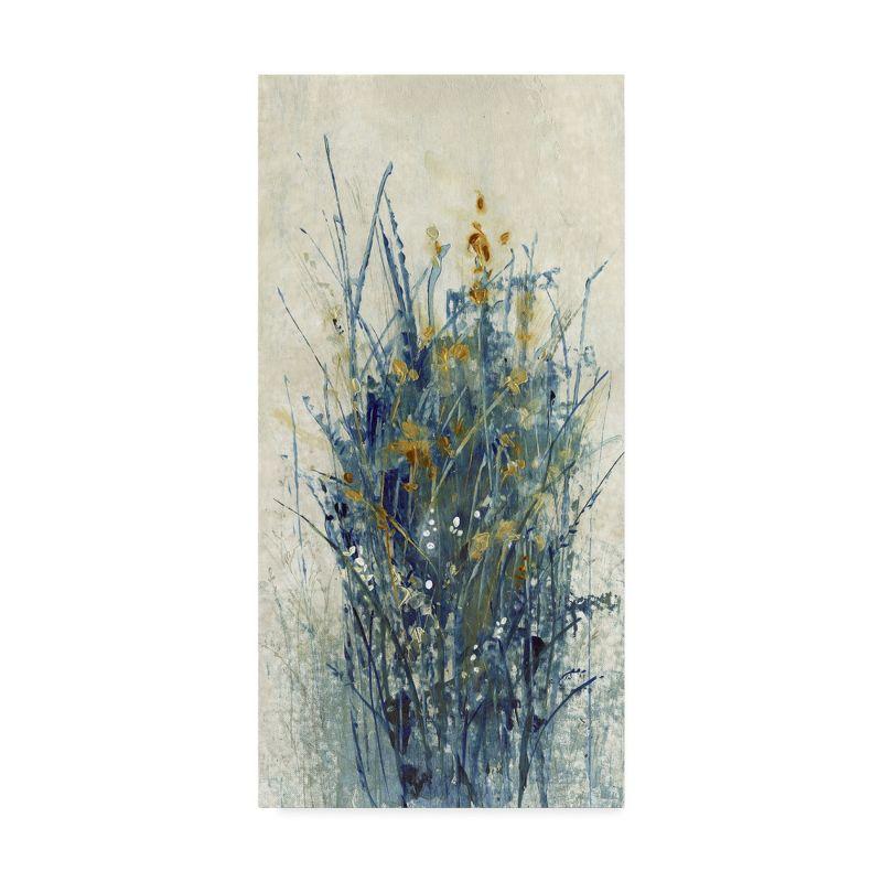 Indigo and Gold Floral Canvas Art with Beige Background, 24x47