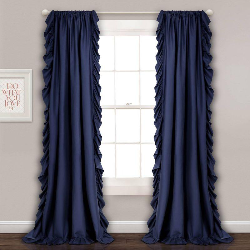 Navy Polyester Room-Darkening Ruffled Curtain Panel Set