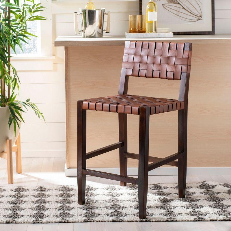 Cognac Woven Leather and Walnut Counter Stool