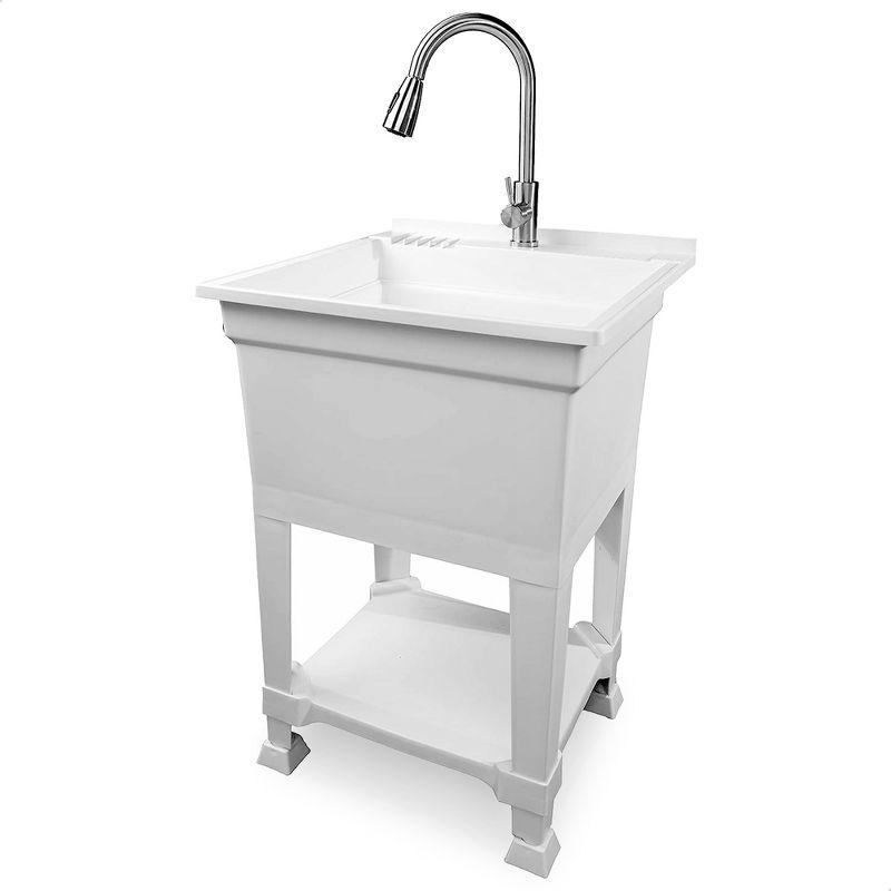UTILITYSINKS Plastic 24" Freestanding Compact Utility Tub Sink for Workshop, Laundry Room, Garage, Greenhouse & Pet Wash Station, White