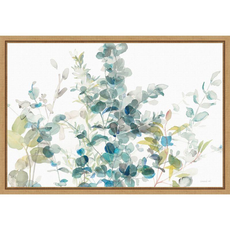 Eucalyptus I White Crop Watercolor Canvas with Maple Frame