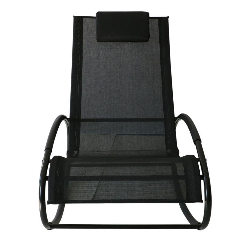 Serenity Black Steel Outdoor Rocking Lounger with Breathable Mesh and Pillow