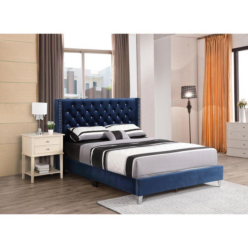 Passion Furniture Julie Blue Tufted Upholstered Low Profile Queen Panel Bed