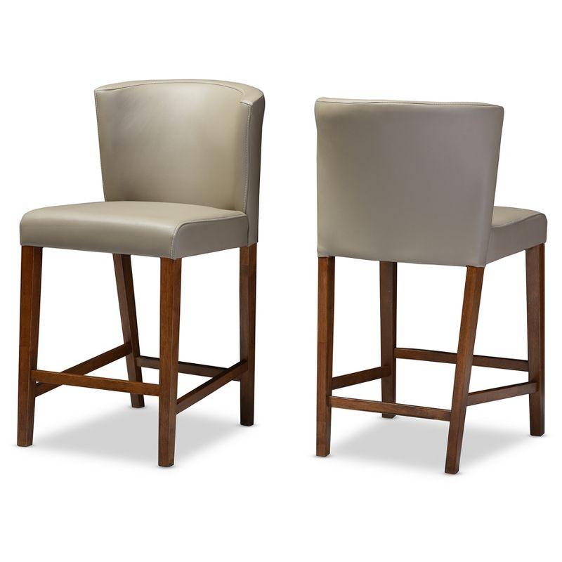 Mid-Century Modern Walnut Wood & Grey Faux Leather Pub Stools (Set of 2)