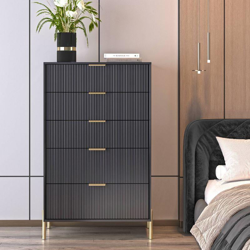 Black Vertical 5-Drawer Dresser Chest with Gold Handles