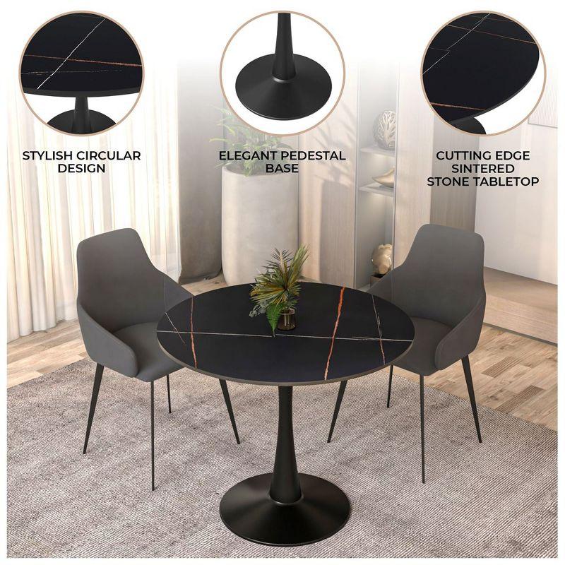 LeisureMod Round Dining Table 31" Sintered Stone Tabletop in Black Steel Bistro Series