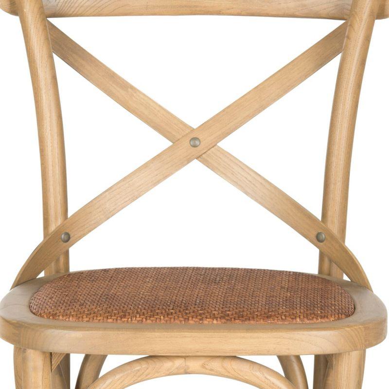 Transitional Weathered Oak Cross-Back Bar Stool with Rattan Seat