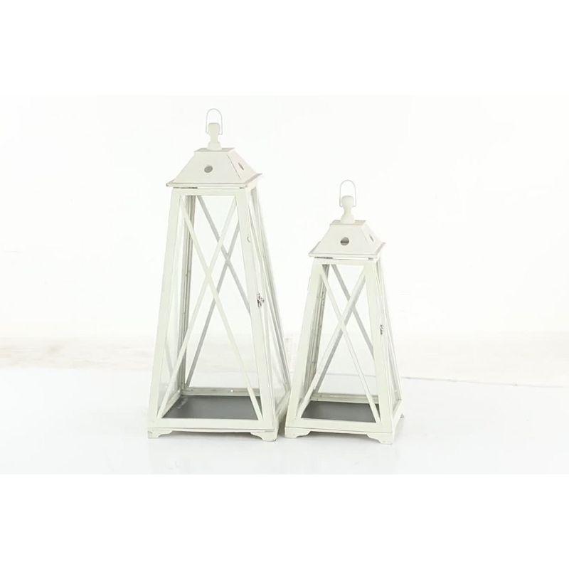 Olivia & May Set of 2 Triangular Wood and Glass Lanterns White: Iron Frame, Fits Any Candle Size