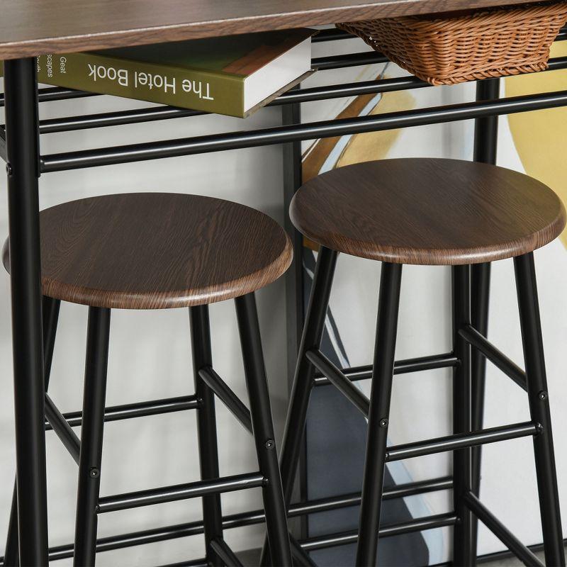 HOMCOM 3 Piece Counter Height Bar Table and Chairs Set, Space Saving Dining Table with 2 Matching Stools, Storage Shelf Metal Frame Footrest, Black