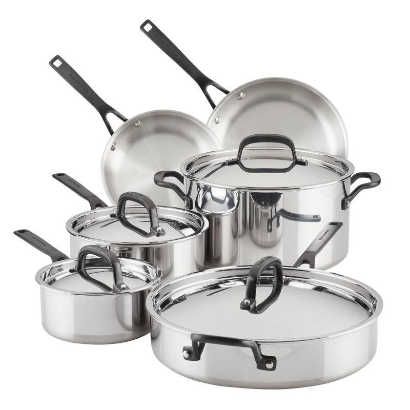 KitchenAid 5-Ply Clad Stainless Steel Cookware Induction Pots and Pans Set, 10 Piece, Polished Stainless Steel