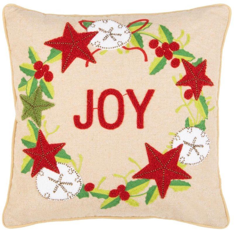 Joyful Beige and Red Embroidered Christmas Pillow