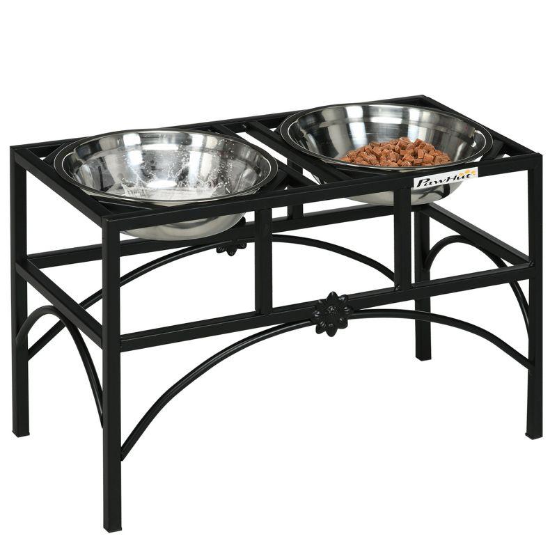 PawHut 22'' Elevated Black Iron Dog Feeding Station with Stainless Steel Bowls