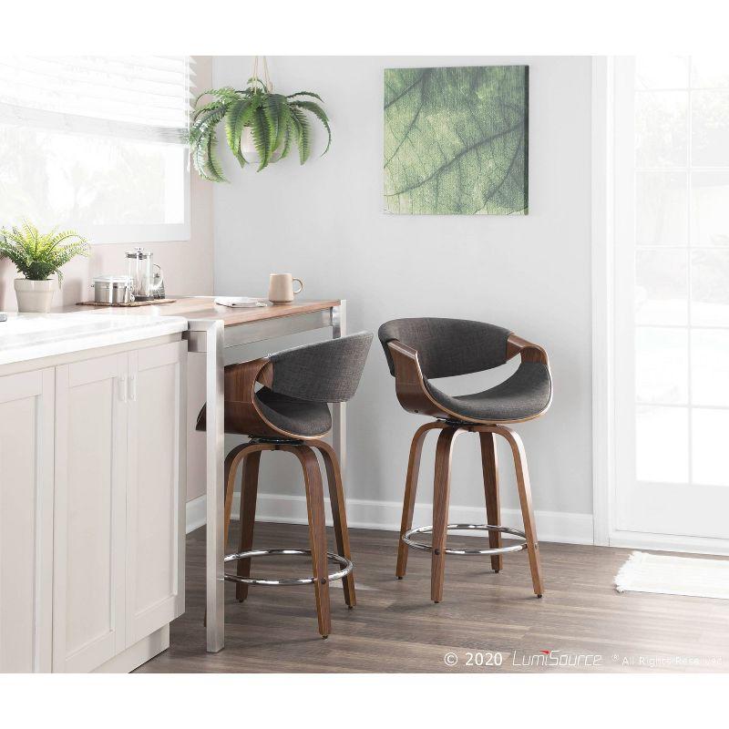 Set of 2 Curvini Upholstered Counter Height Barstools Charcoal/Walnut - LumiSource: Swivel, Chrome-Plated, Wood Legs