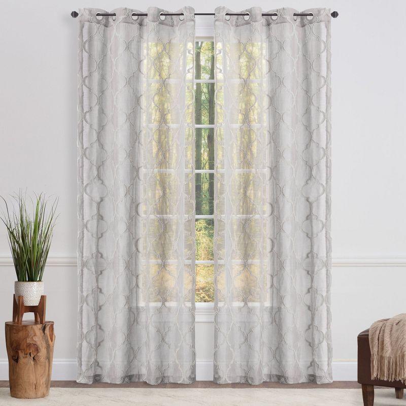 Chanasya 2pk Moroccan Embroidered Grommet Textured Sheer Window Curtain Panels - Set of 2 - 52 x 63 Inches Long - Gray Sage