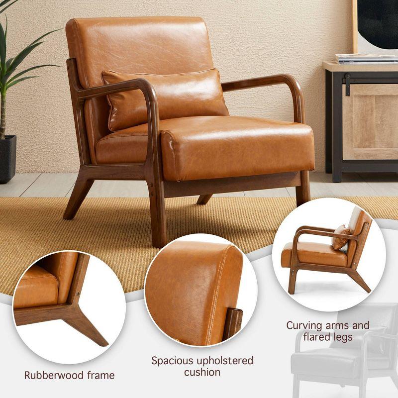 Mid-Century Modern Leatherette Arm Accent Chair Walnut Rubberwood Frame Tan - Glitzhome: Upholstered, Durable, for Office & Home